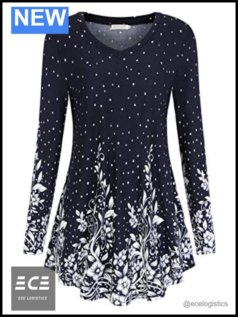 Women's V-Neck Tunic Long Sleeve Fit and Flare Pullover Top